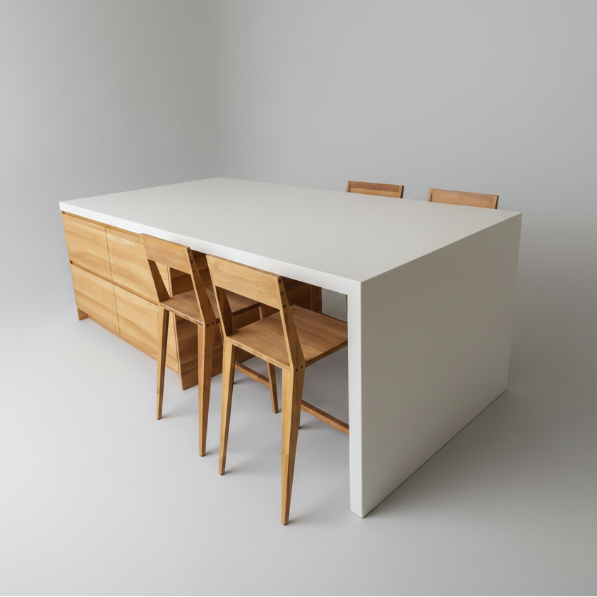 Keukeneiland in notelaar met Silestone werkblad en 4 krukjes